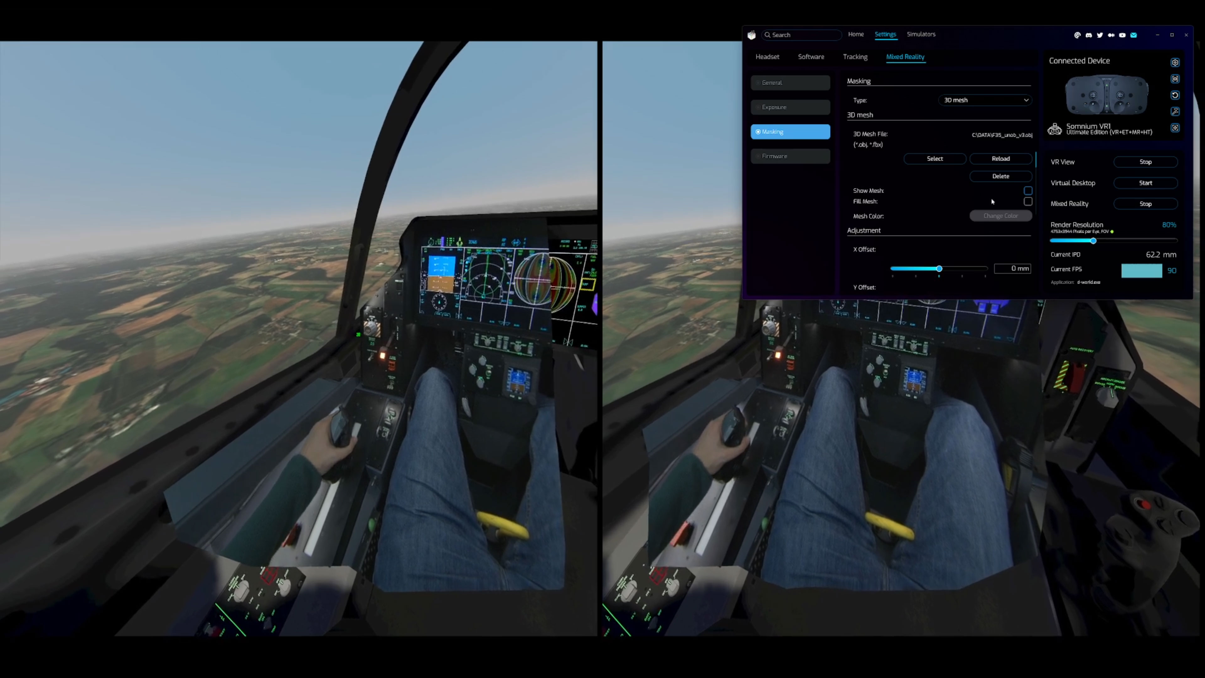 virtual reality plane flying simulation with Somnium VR1; Vrgineers