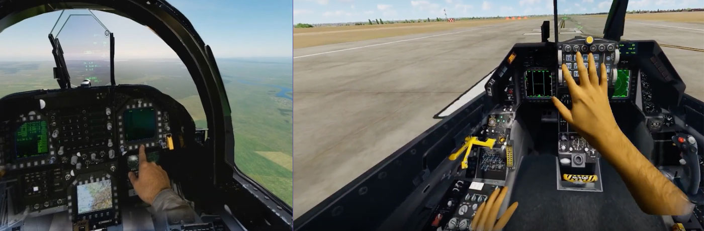on the left: screenshot from the plane cockpit in the flying simulator, on the right: a screenshot from a plane in a flying simulation - Vrgineers.com
